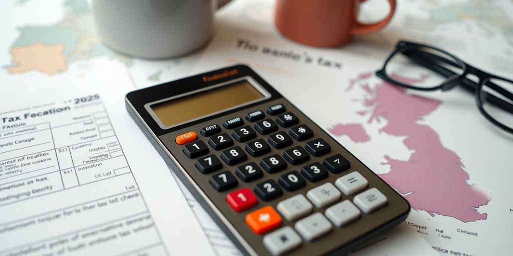 Calculator and tax forms on a desk with a map.