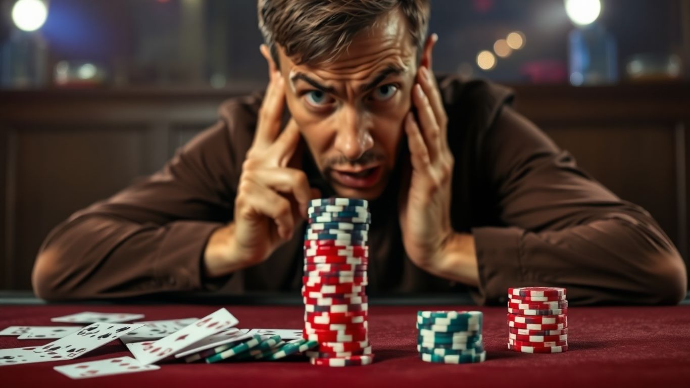 Poker player with scattered chips, looking stressed after a failed bluff.