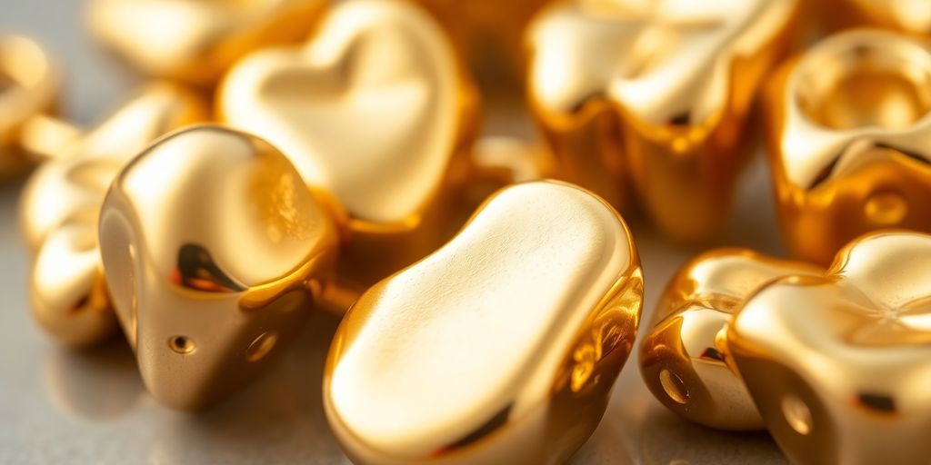 Des morceaux d'or dentaire brillants et détaillés.
