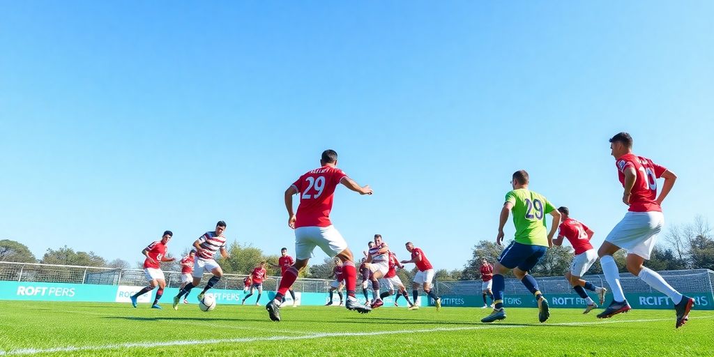 Soccer players in action on a green field.