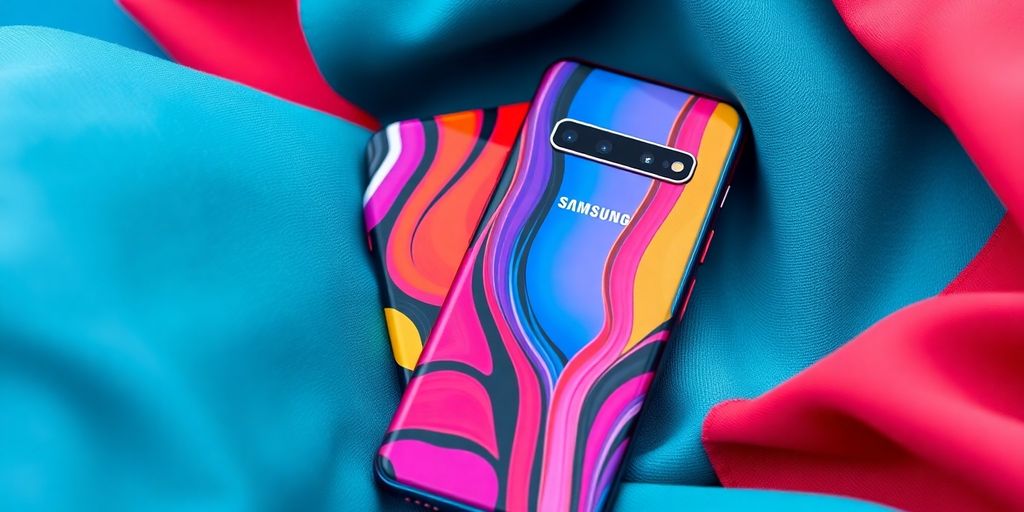 S10+ phone in a stylish, colourful case.