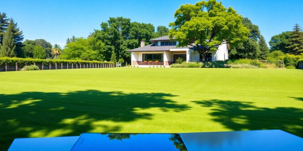 Maison moderne avec verdure, dispositif numérique à proximité.