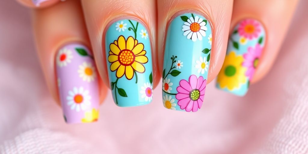 Colorful daisy floral nail art designs on nails.