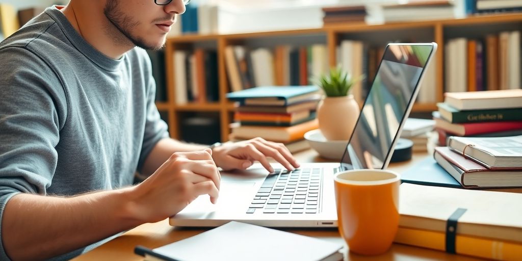 Student using laptop in a cozy study space.