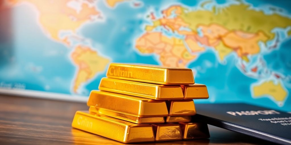 Lingots d'or et passeport sur une carte