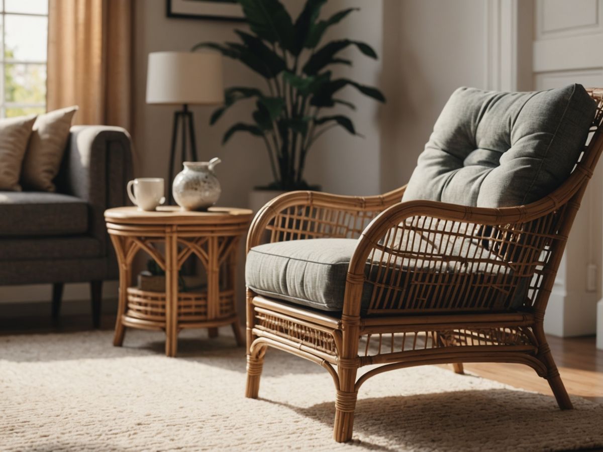 Rattan armchair in a sunlit cozy living room corner.