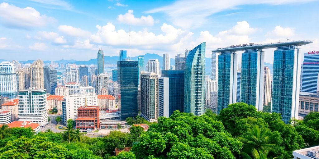 Skyline of Hong Kong and Singapore with serviced apartments.
