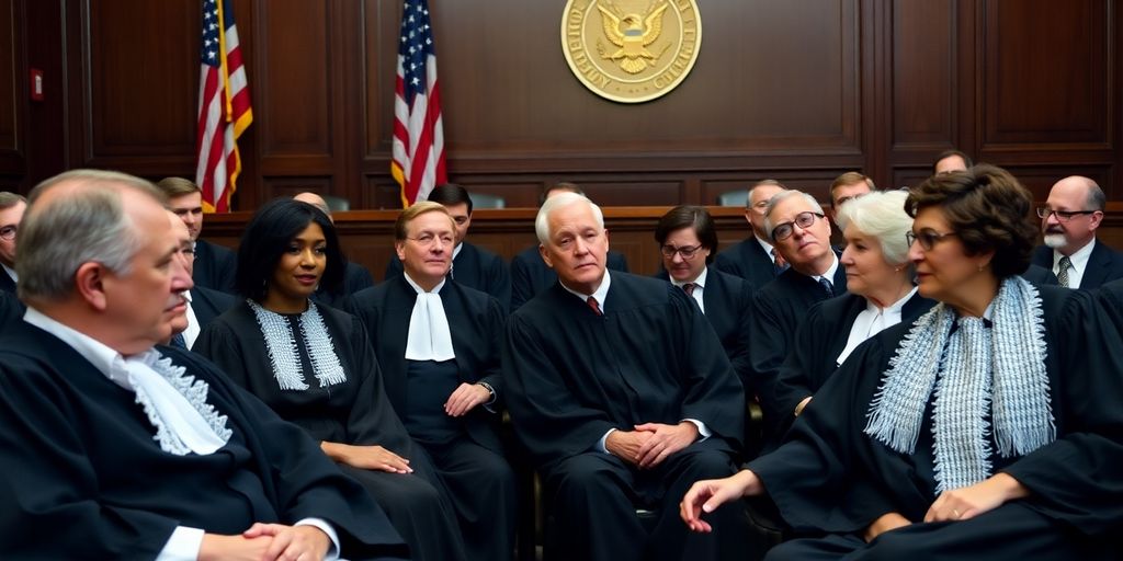 Diverse federal judges in a courtroom setting.