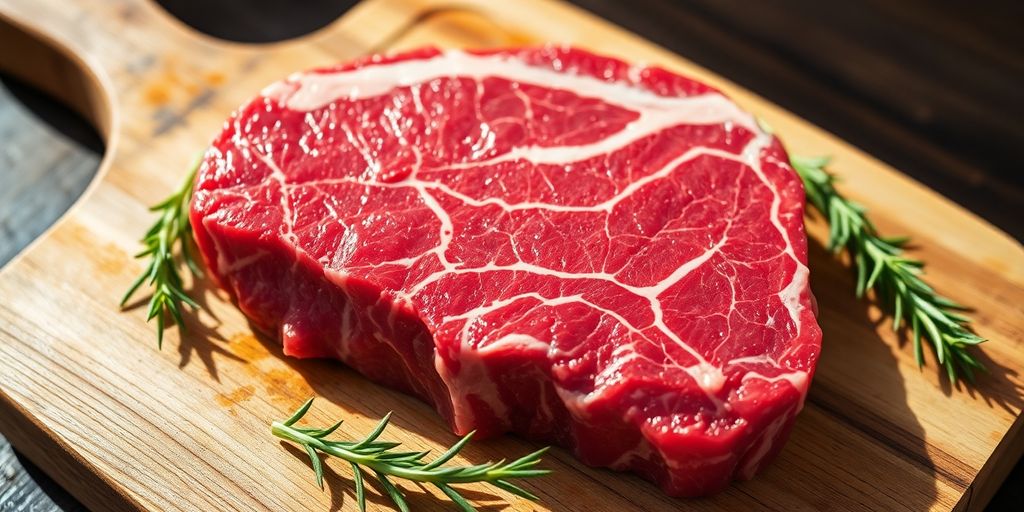 Close-up of marbled raw beef steak on cutting board.