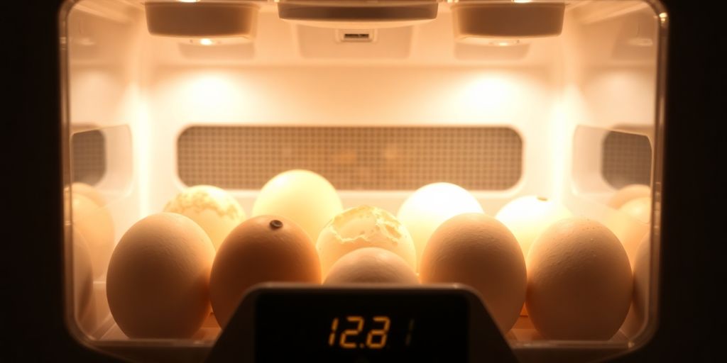 Digital incubator with chicken eggs in a warm setting.