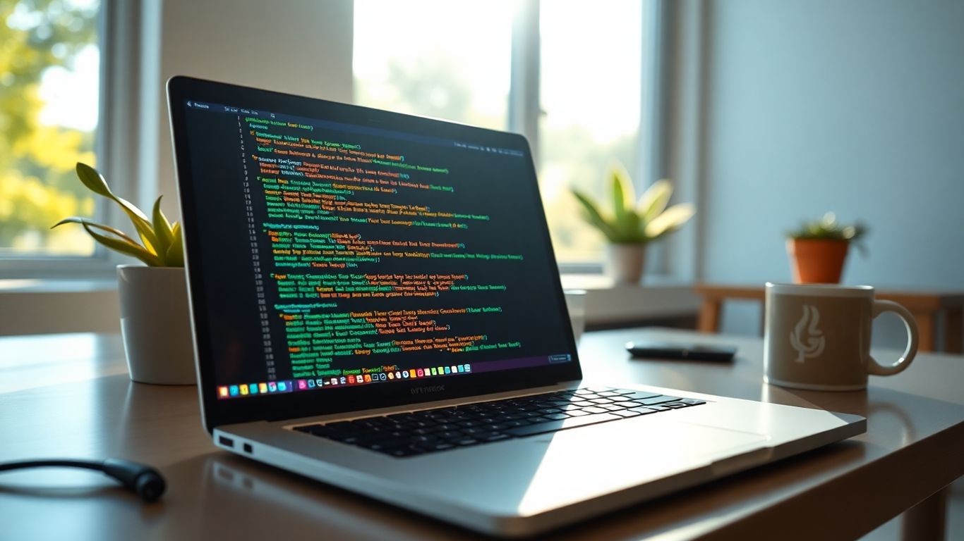 Laptop screen with Python code, bright natural light.