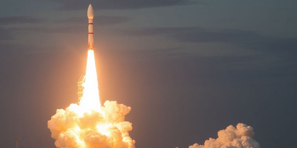 La fusée Ariane 6 décolle dans un panache de fumée.