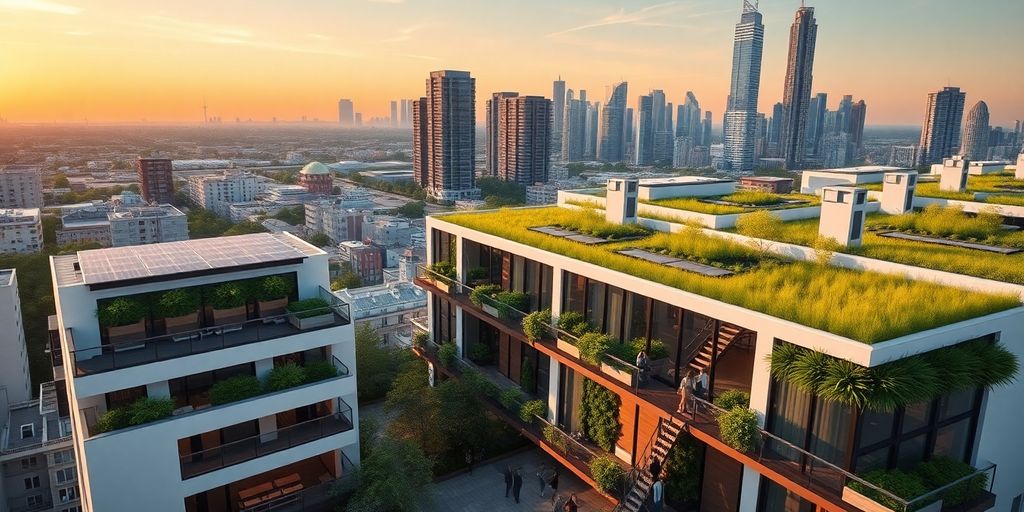 Modern smart apartments in a vibrant urban environment.