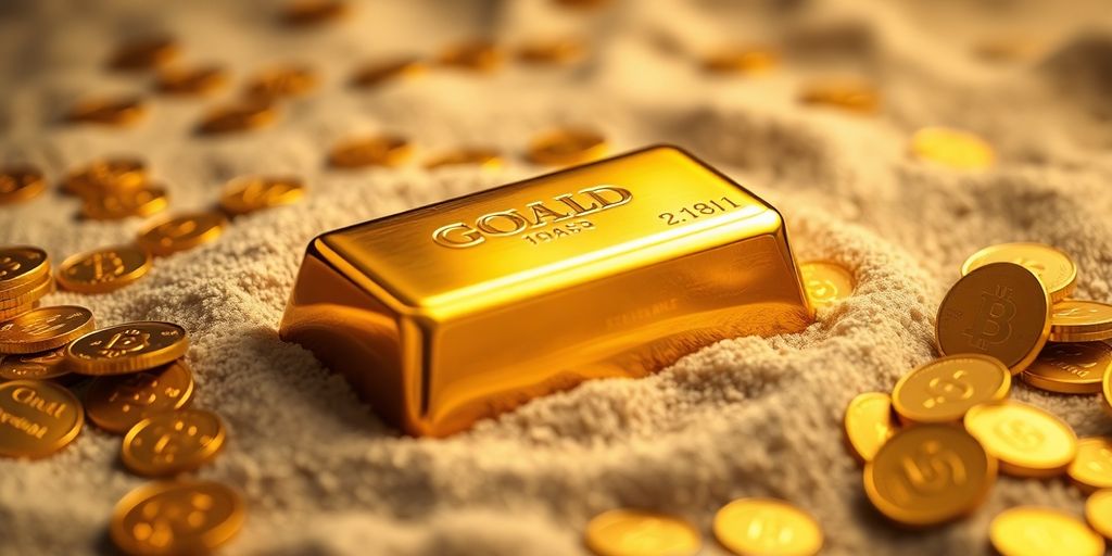 Barre d'or et pièces sur le sable