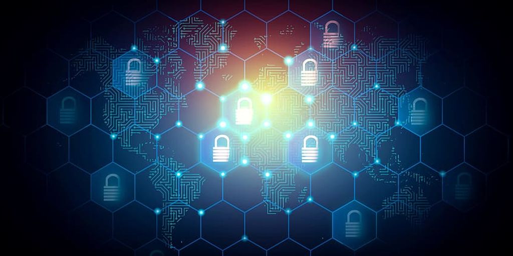 cyber security concept with padlock and digital background