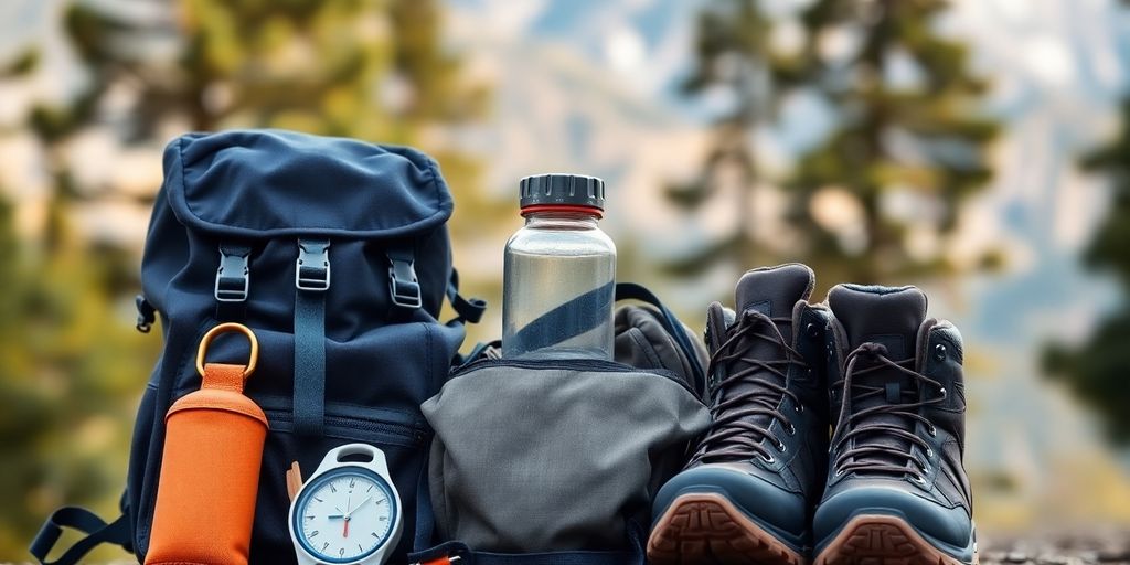 Backpack with outdoor gear on a mountain trail.