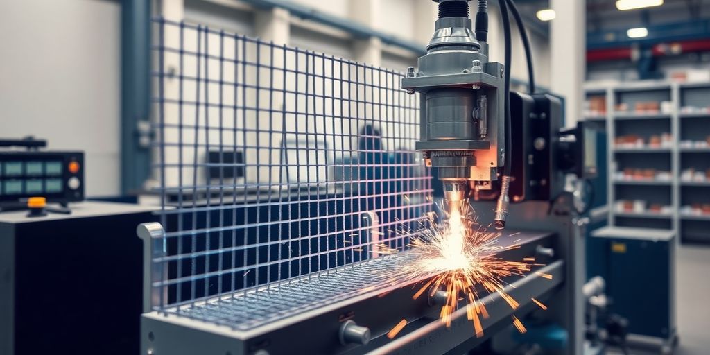 A modern mesh welding machine in an industrial environment.