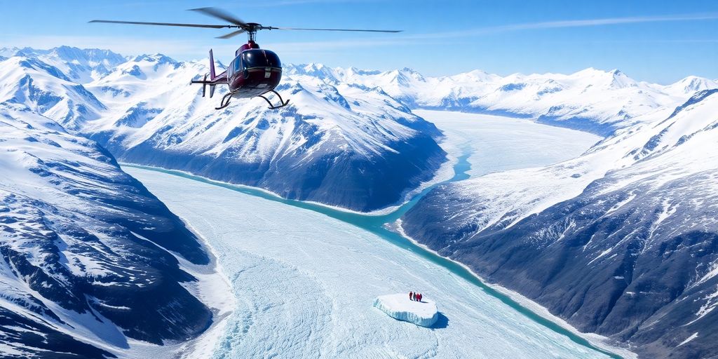 A helicopter flies over a vast Alaskan glacier and mountains.