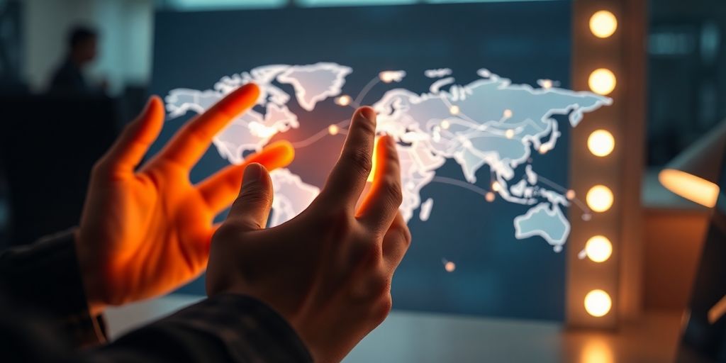 Hands interacting with a glowing digital screen, world map background.