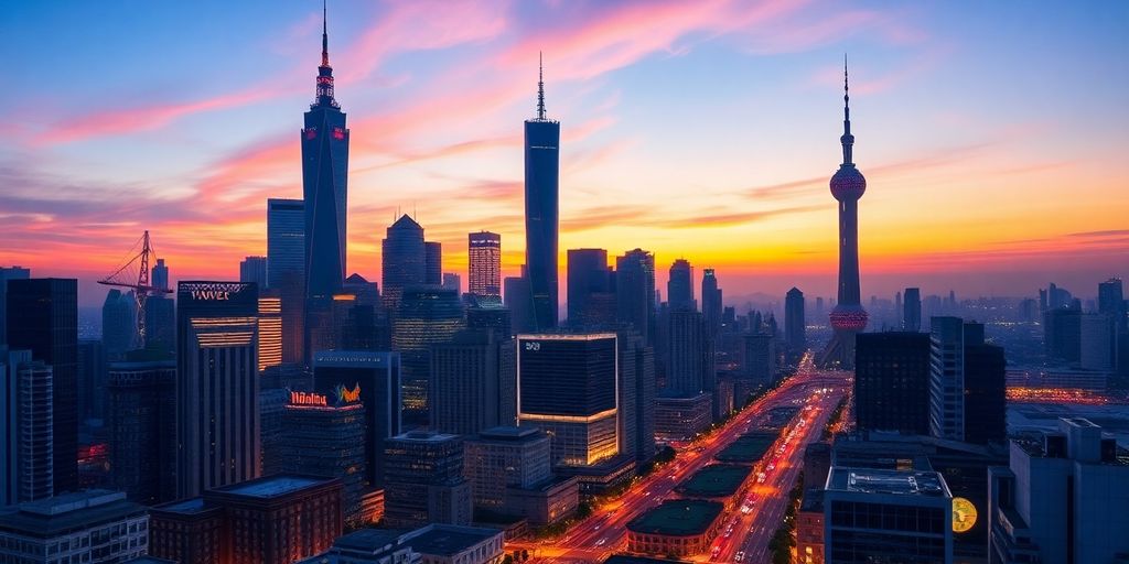 Shanghai skyline at sunset with iconic skyscrapers.