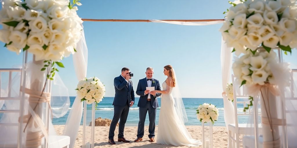 Elegant beach wedding setup with flowers and officiant.