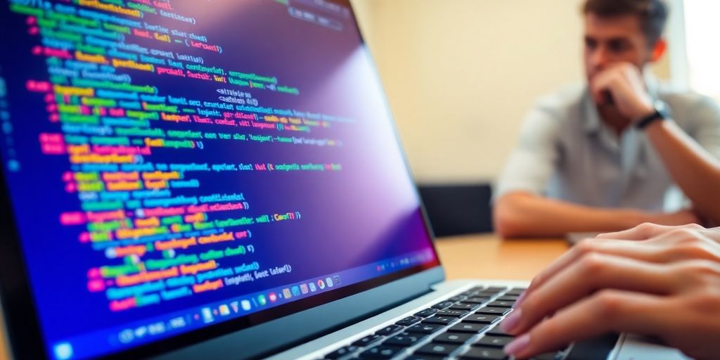Laptop with code, person thinking, bright future ahead.