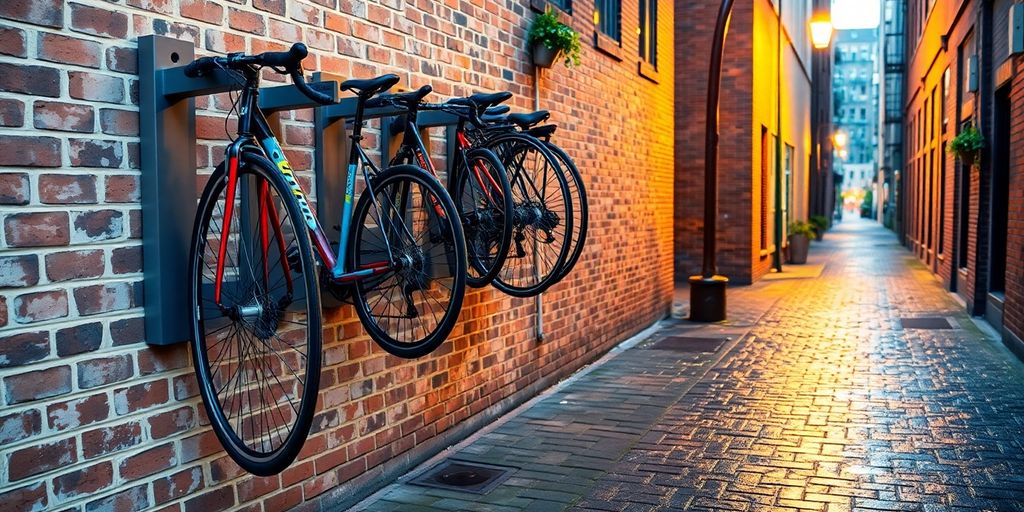 Bike racks on a city wall.