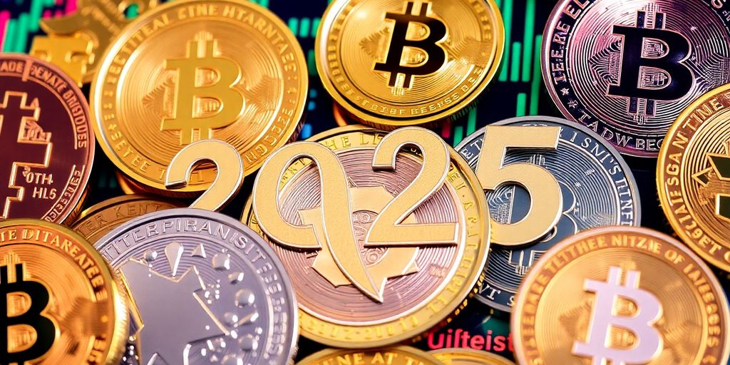 Colorful cryptocurrencies on a digital backdrop, symbolizing investment.