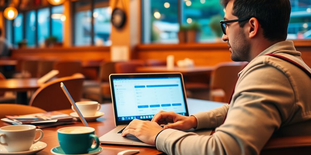 Traveler booking flights on a laptop in a café.