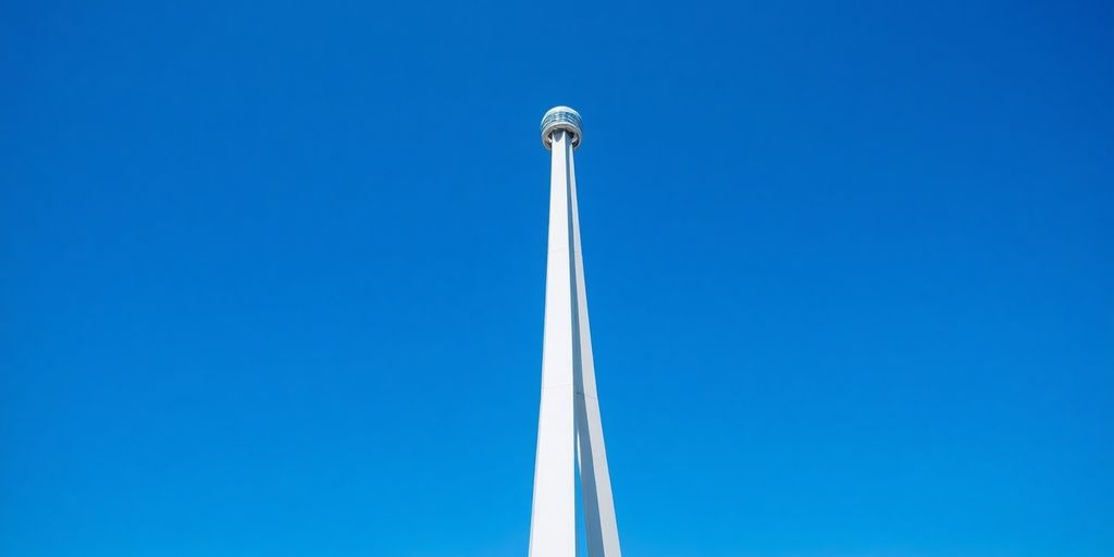 Large pylon structure against a clear blue sky.
