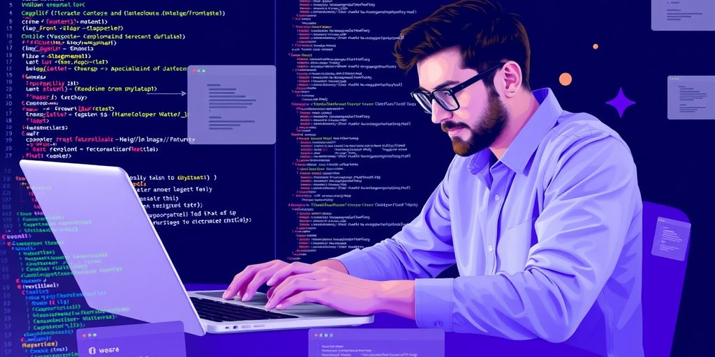 Front-end developer coding with design elements around.