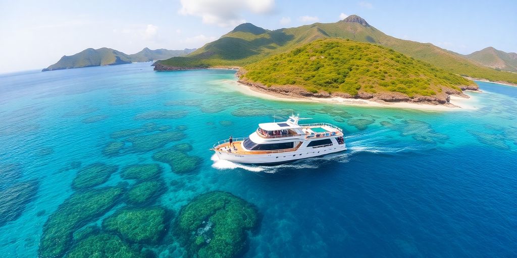 Boat in clear waters of Komodo, lush hills around.