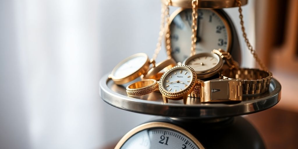 Bijoux et objets pr
cieux sur une balance.