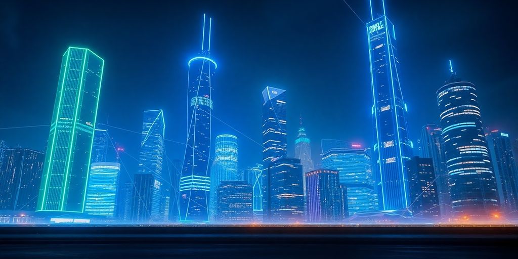 Futuristic cityscape with glowing digital connections.