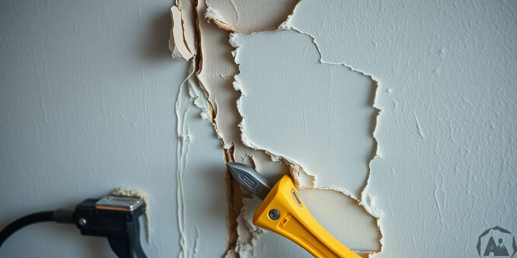 Repairing a water-damaged wall with tools and materials.