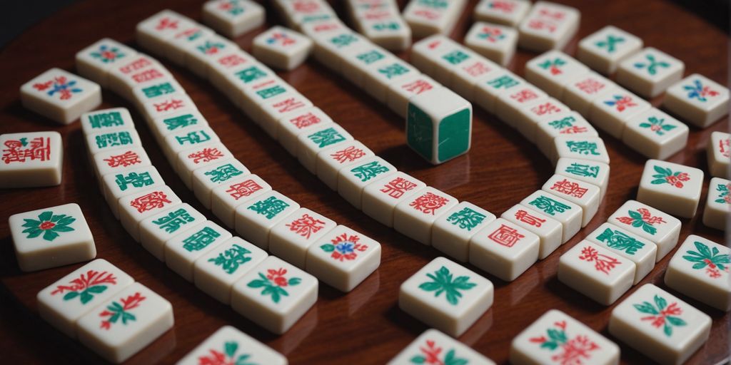 Circular arrangement of Mahjong tiles on a wooden table.