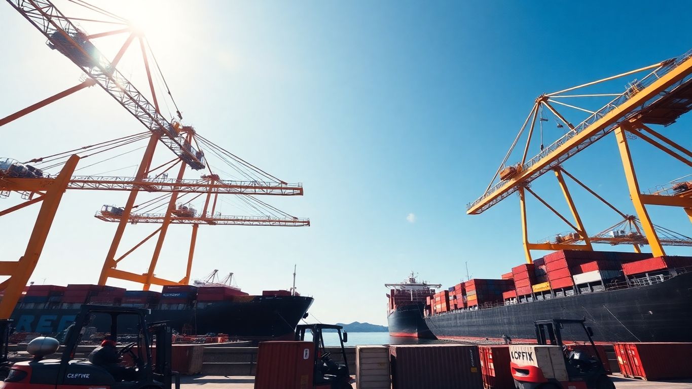 Ships and cranes at busy port terminals