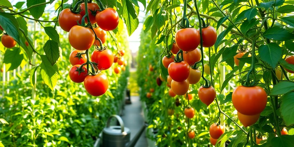 Gewächshaus mit reifen Tomaten und Herbstpflanzen