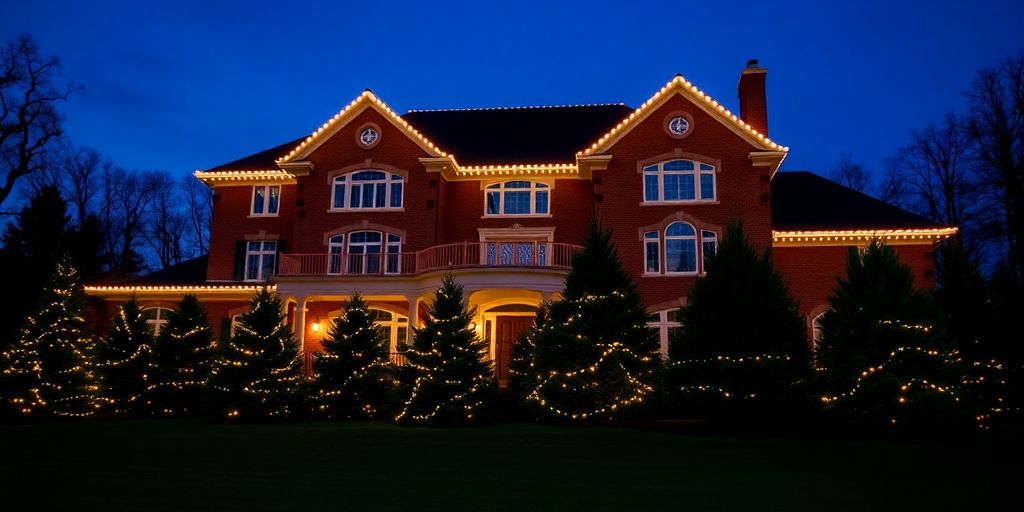 Professionally installed Christmas lights on a large home.