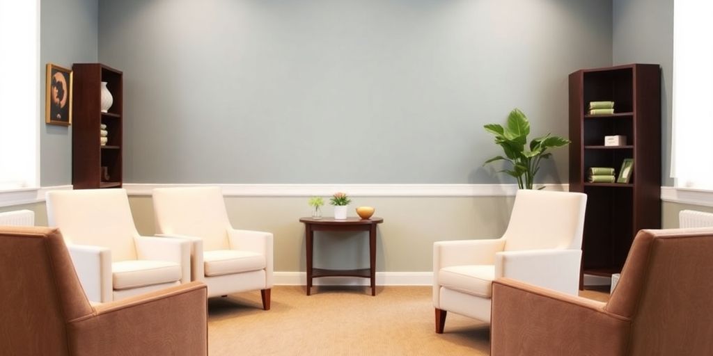 A peaceful mediation space with comfortable seating and soft lighting.