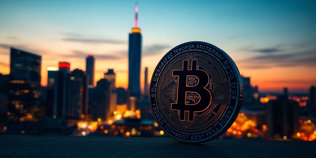 City skyline with a large digital currency coin.