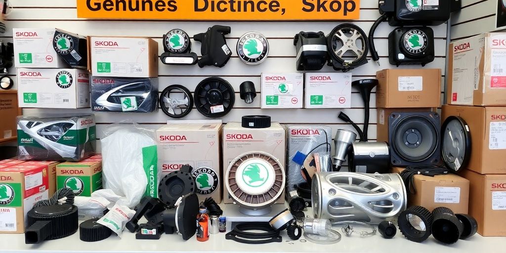 Skoda car parts arranged neatly.