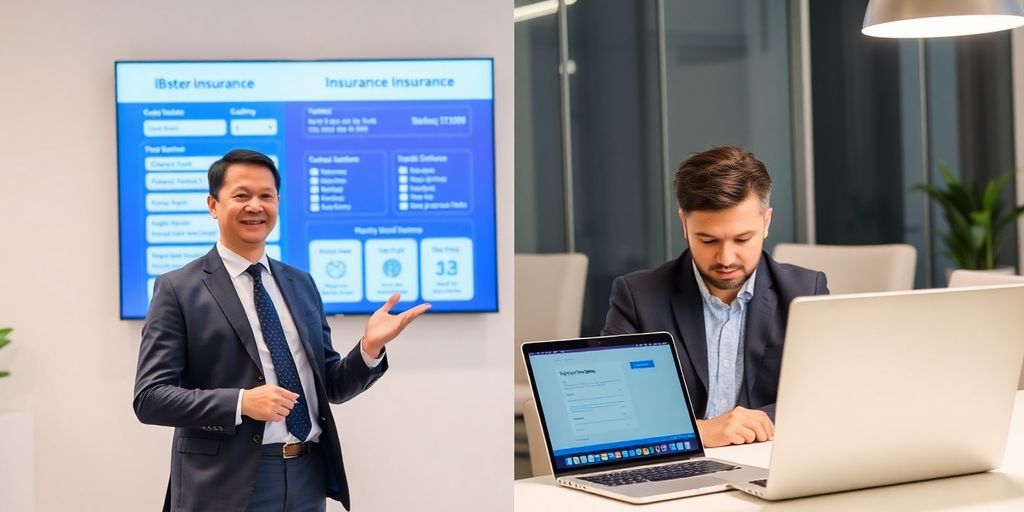 Broker and laptop for insurance comparison.