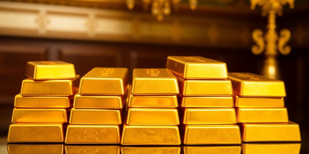 Lingots d'or empilés sur un fond luxueux.