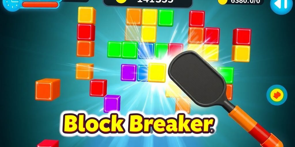 Ein Screenshot des Block Breaker Spiels mit bunten Blöcken.