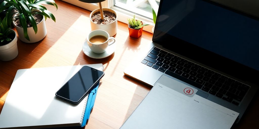 A bright workspace with laptop and planner on desk.