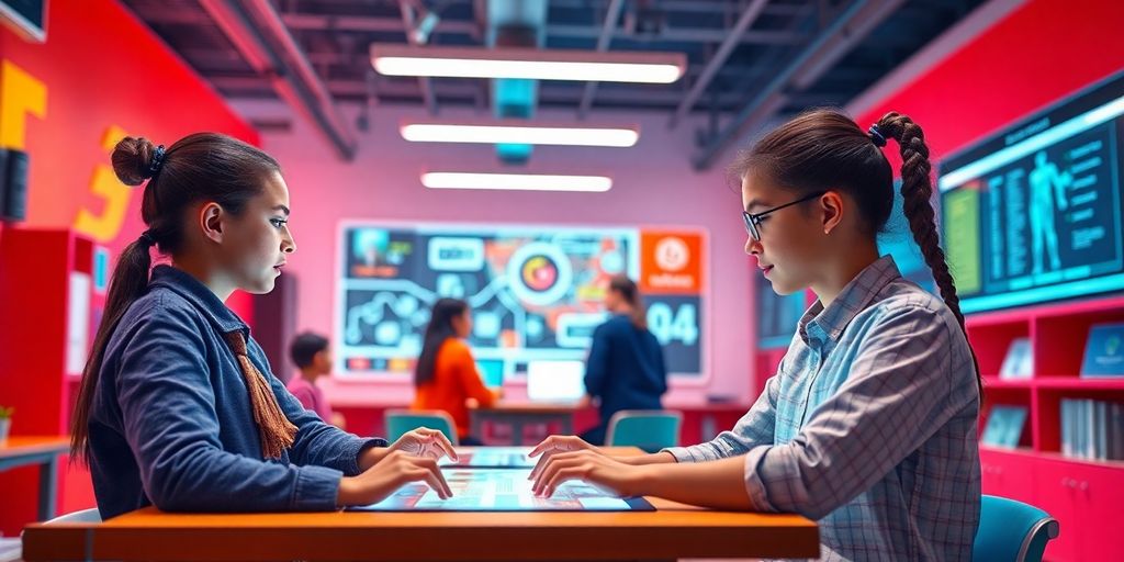 Modern AI learning environment with students and digital tools.