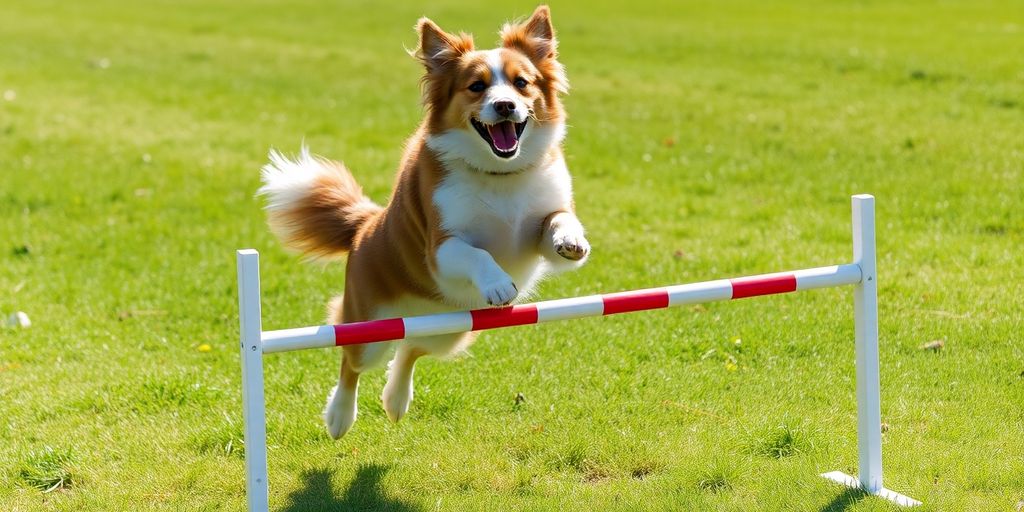 A happy dog participating in an agility contest.