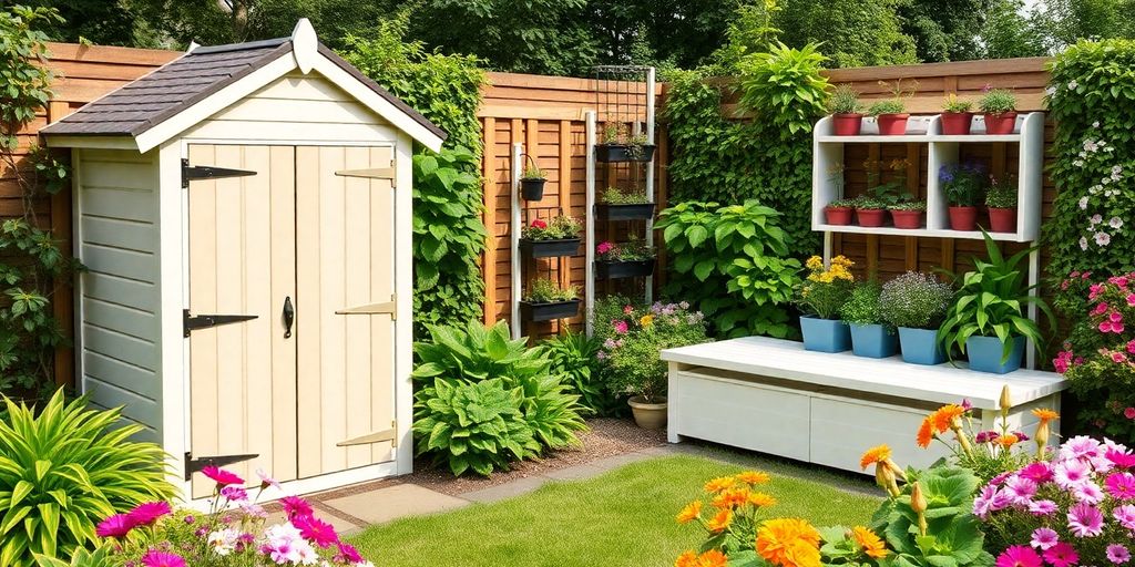 Creative garden storage ideas among colorful flowers and greenery.