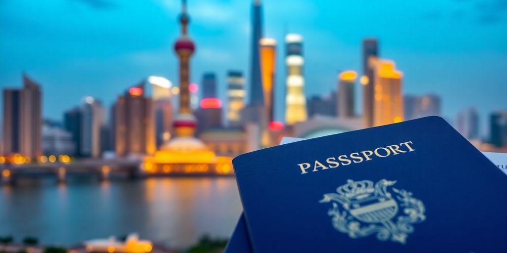 Passport and visa application with Shanghai skyline background.